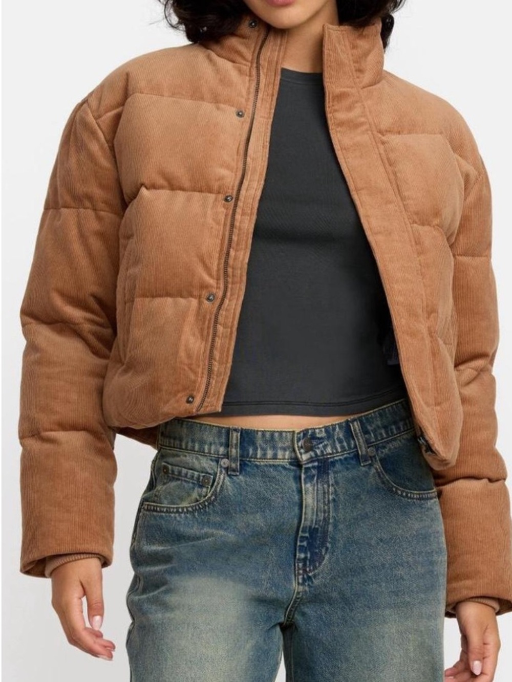 RVCA Cropped Corduroy Puffer Jacket in Tan